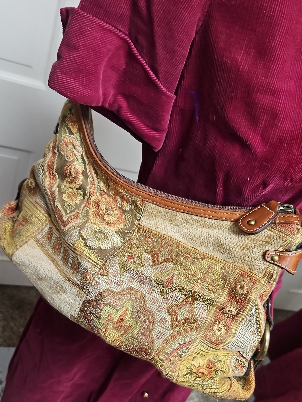 90s Vtg Tapestry Leather Shoulder Bag Fall Autumn